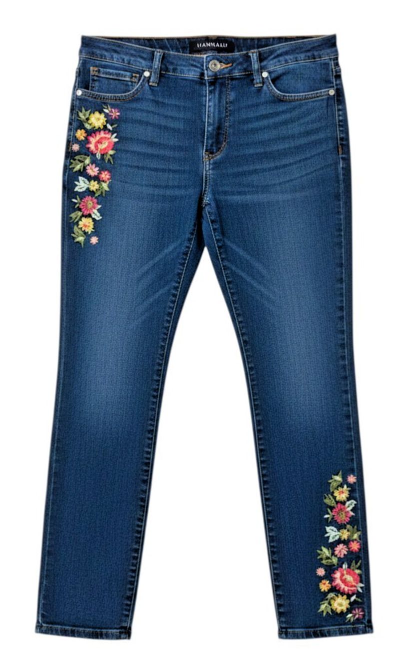 Hannah Sz 12 Skinny Jeans 34"Wx26.5"L Colorful Boho Floral Embroidery Dark Wash